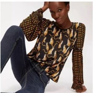 Bl^nk London Anthropologie Brienz Top Leopard/Dot Print Blouse Medium Black